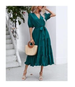 Elegant Casual Fashion High Waist V-Neck Holiday Long Smocked Dress Wholesale Dresses N5323030700084