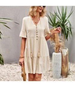 Short Sleeve Casual Solid Color Loose Swing Ruffled Dress Wholesale Dresses SDN539518