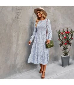 Floral Print Long Sleeve Casual Midi Swing Smocked Dress Wholesale Dresses SDN536739
