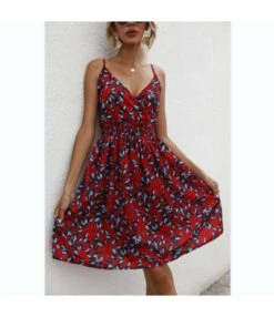 Flower Print Sling V-Neck Nipped Waist Summer Midi Swing Dress Wholesale Dresses SDN533524