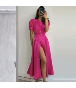 Niche Short-Sleeved Commuter Round Neck Button-Down Maxi Dress Wholesale Dresses SDV463812