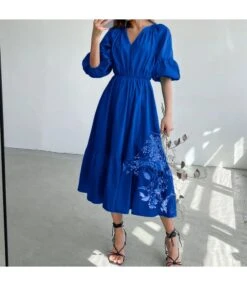 Klein Blue V Neck Puff Sleeve A-Line Dress High Waist Solid Color Midi Wholesale Dresses SDN560941 -OTIS Clothing Shop 051b0e1d f191 47cb bc17 80f83675b5d1 9bda041ad9049696f7d935f0b64655e7