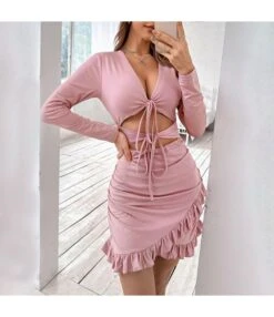 Sexy Hollow Lace-Up Long Sleeve Package Hip Ruffled Wrap Dress Wholesale Dresses SDN537989 -OTIS Clothing Shop 06e57266 9143 4bf8 8eb1 fcd7b6cc48be 7b7e7bd6102a502f8f52ef76381e004b