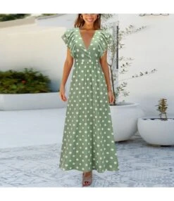 Polka Dot Print Deep V Nipped Waist Vintage Vacation Dress Ruffles Wholesale Maxi Dresses SD204284