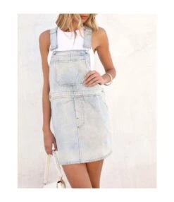 Denim Pocket Fashion High Waist Wash Denim Suspender Slip Dress Wholesale Dresses N5323031000024