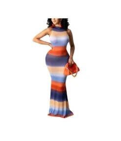 Colorblock Print Sleeveless Tight Slim Bag Hip Bodycon Tank Dress Wholesale Maxi Dresses Floor-Length SDN533088