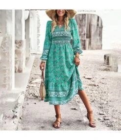 Bohemian Balloon Sleeve Pleated V-Neck Dress Wholesale Dresses N4623041200021