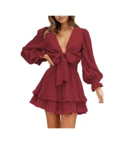 V-Neck Solid Color Tieback Bowknot Long Lantern Sleeve Ruffle Dress Casual Wholesale Dresses SD531178 -OTIS Clothing Shop 0e4c9c1d 0bd4 4fd1 8caa 763357e13c1c 06317cf7f70aef05af545fe09e6aa3b4
