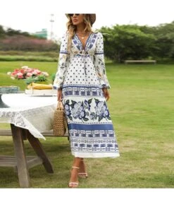 Fashion Printed Hollow Tie-Up Collar Long Sleeve Vacation Bohemian Dress Wholesale Dresses N5323030300073
