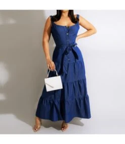 Fashion Lace-Up Waist Slip Smocked Denim Dress Wholesale Maxi Dresses SDN535411