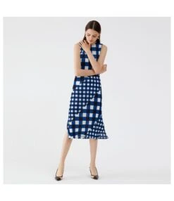 Gingham O-Neck Sleeveless Patchwork Slim Slit Midi Dress SD080410