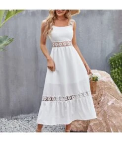 Solid Color Hollow Lace Stitching Vacation Square Neck Sleeveless Dress Wholesale Dresses SDN539940