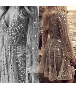Sexy Long Sleeve Deep V Midi Dress Sheer Sequin Gowns Wholesale Dresses N5923081800028 -OTIS Clothing Shop 13356461589 985641810