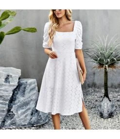 Temperament Solid Color Square Collar Short-Sleeved Long Dress Wholesale Dresses V5923041200008