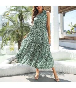 Slanted Shoulder Floral Print Loose Long Smocked Swing Dress Wholesale Dresses N5323030700069