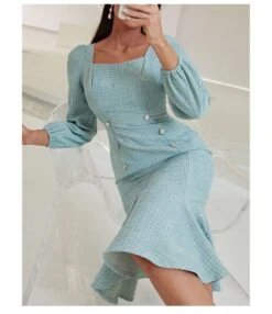 Plaid Square Neck Button Long Sleeve Elegant Ruffled Slim Dress Wholesale Dresses SDN536890 -OTIS Clothing Shop 1848455b fc0e 4203 84f2 28a660af1ca0 51558e291638a1c6dcce13c1559970c8