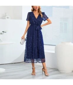 Embroidered Mesh Slim-Fit V-Neck Mid-Length Lace Sequin Party Dress Wholesale Dresses N5323021800036