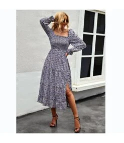 Floral Print Square Neck Long Sleeve Slit Smocked Dress Wholesale Dresses SDN536749
