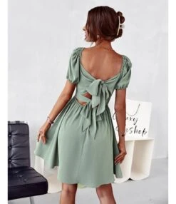 Solid Color Ruffled Square Neck Puff Sleeve Cutout Back Bowknot Swing Dress Casual Wholesale Dresses SDN533153 -OTIS Clothing Shop 1ed0e6c4 f84c 43f8 8f50 56914beb8066 8ab643c3cbd162814699c427b2efb334