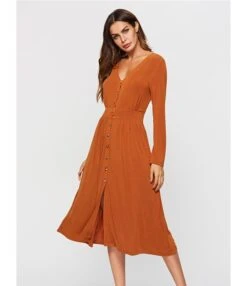 Sexy V-neck Button Front Long Sleeve Split Hem Dress -OTIS Clothing Shop 200721183 1