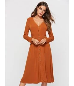 Sexy V-neck Button Front Long Sleeve Split Hem Dress -OTIS Clothing Shop 200721183 4