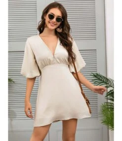 V-collar Puff Sleeve Muslin Dress