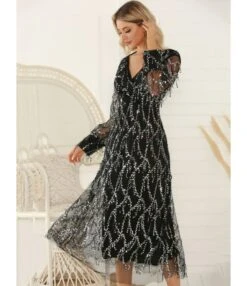 V-neck Sequins Tassel Sheered Party Dress -OTIS Clothing Shop 200916191 6