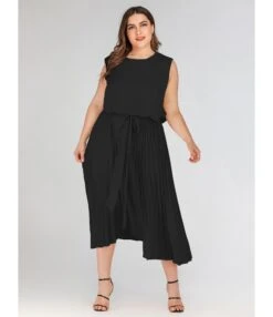 Pure Color Sleeveless Tie Waist Pleated Dress