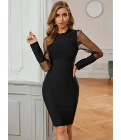 Sheered Sleeve Spliced Jersey Bodycon Dress