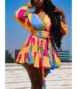 Colorblock Surplice Neck Swing Dress With Weave Belt