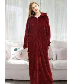 Solid Color Flannel Zipper Hooded Nightgown Dress -OTIS Clothing Shop 201103775 2