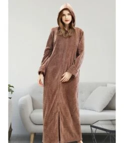 Solid Color Flannel Zipper Hooded Nightgown Dress -OTIS Clothing Shop 201103775 3