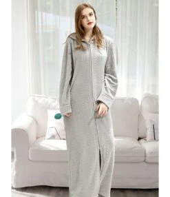 Solid Color Flannel Zipper Hooded Nightgown Dress -OTIS Clothing Shop 201103775 4