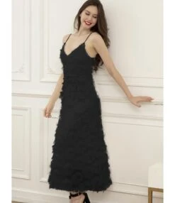 V Collar Feather Trim Party Spaghetti Strap Dress