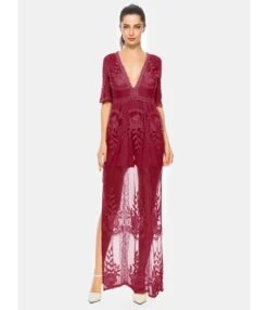 Deep V-neck Sheered Lace Split Beachwear Dress