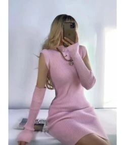 Mock Neck Plain Ribbed Knitting Dress With Sleeves -OTIS Clothing Shop 201124680 10