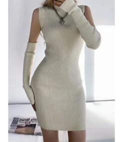 Mock Neck Plain Ribbed Knitting Dress With Sleeves -OTIS Clothing Shop 201124680 1