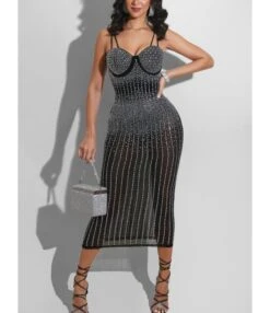 Sexy Rhinestone Trim Sheered Party Cami Dress