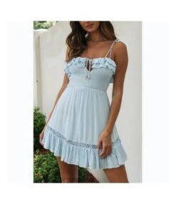 Solid Color Lotus Leaf Lace-Up Slip Swing Dress Wholesale Dresses SDN536196