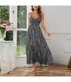 Dot Print Low Cut Backless Lace-Up Slip Swing Dress Wholesale Maxi Dresses SDN536185