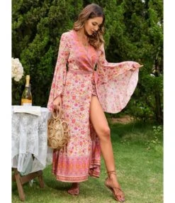 V-Neck Tie-Up Flared Sleeve Boho Slit Maxi Dress Wholesale Bohemian Dress For Women SDN536216 -OTIS Clothing Shop 20220803021910767