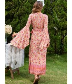 V-Neck Tie-Up Flared Sleeve Boho Slit Maxi Dress Wholesale Bohemian Dress For Women SDN536216 -OTIS Clothing Shop 20220803021911223