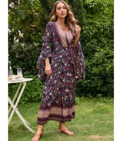 V-Neck Tie-Up Flared Sleeve Boho Slit Maxi Dress Wholesale Bohemian Dress For Women SDN536216 -OTIS Clothing Shop 20220803021911663 1