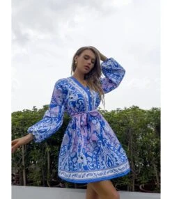Fashion Printed V-Neck Dress Single-Breasted Lantern Sleeves Strappy Wholesale Dresses SDN561458 -OTIS Clothing Shop 20220803035316954