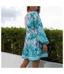 Fashion Printed V-Neck Dress Single-Breasted Lantern Sleeves Strappy Wholesale Dresses SDN561458 -OTIS Clothing Shop 20220803035317364