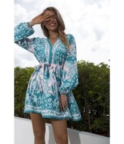 Fashion Printed V-Neck Dress Single-Breasted Lantern Sleeves Strappy Wholesale Dresses SDN561458 -OTIS Clothing Shop 20220803035317663