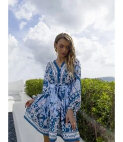Fashion Printed V-Neck Dress Single-Breasted Lantern Sleeves Strappy Wholesale Dresses SDN561458 -OTIS Clothing Shop 20220803035318260