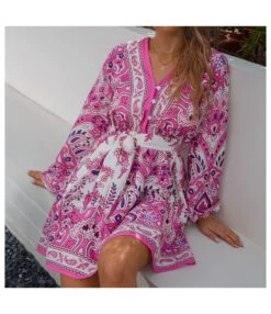 Fashion Printed V-Neck Dress Single-Breasted Lantern Sleeves Strappy Wholesale Dresses SDN561458 -OTIS Clothing Shop 20220803035318574