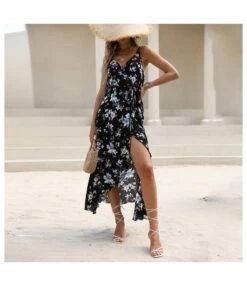 Sexy V-Neck Floral Suspenders Dress Slim High Slit A-Line Wholesale Dresses SDN561456