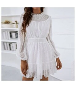 Casual Lace Trim A-Line Dress Puff Sleeves High Waist Wholesale Dresses SDN561461 -OTIS Clothing Shop 20220803041043297